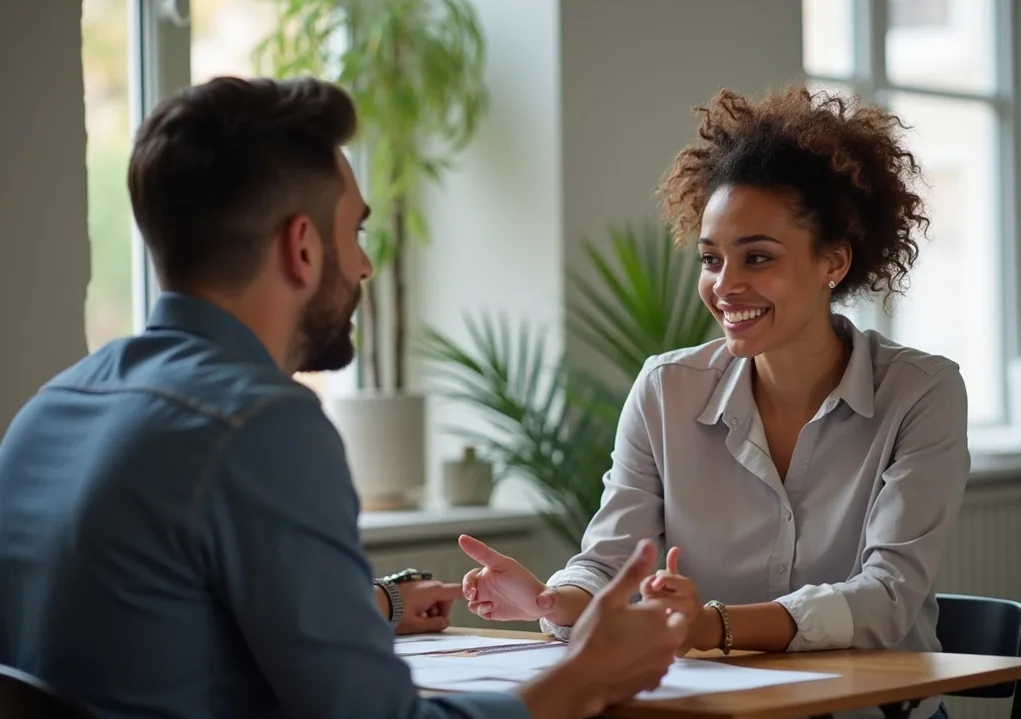 Professional discussing self-improvement goals with coach